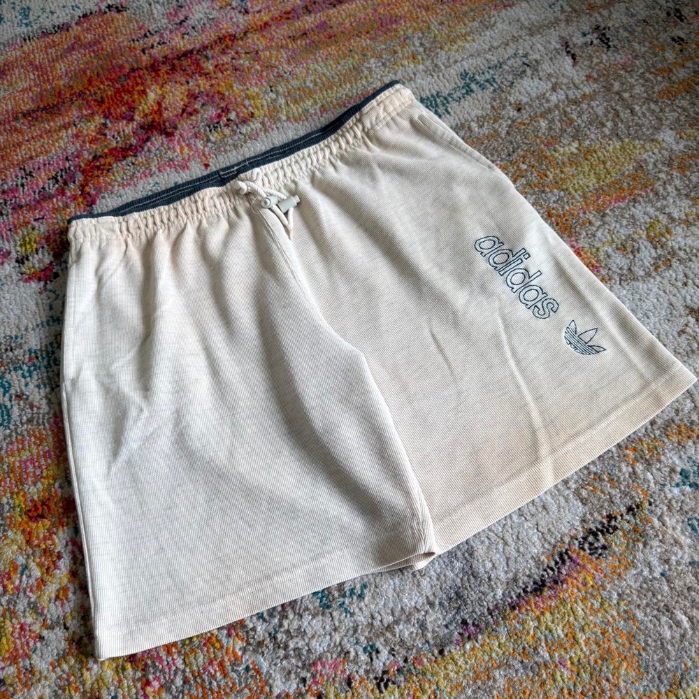 Vintage Adidas Trefoil Knit Sweat Shorts Medium - Cream White Blue